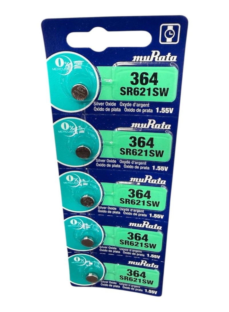 Murata 364 - SR621SW 1.55V Silver Oxide Button Battery for Watches (5 Batteries)